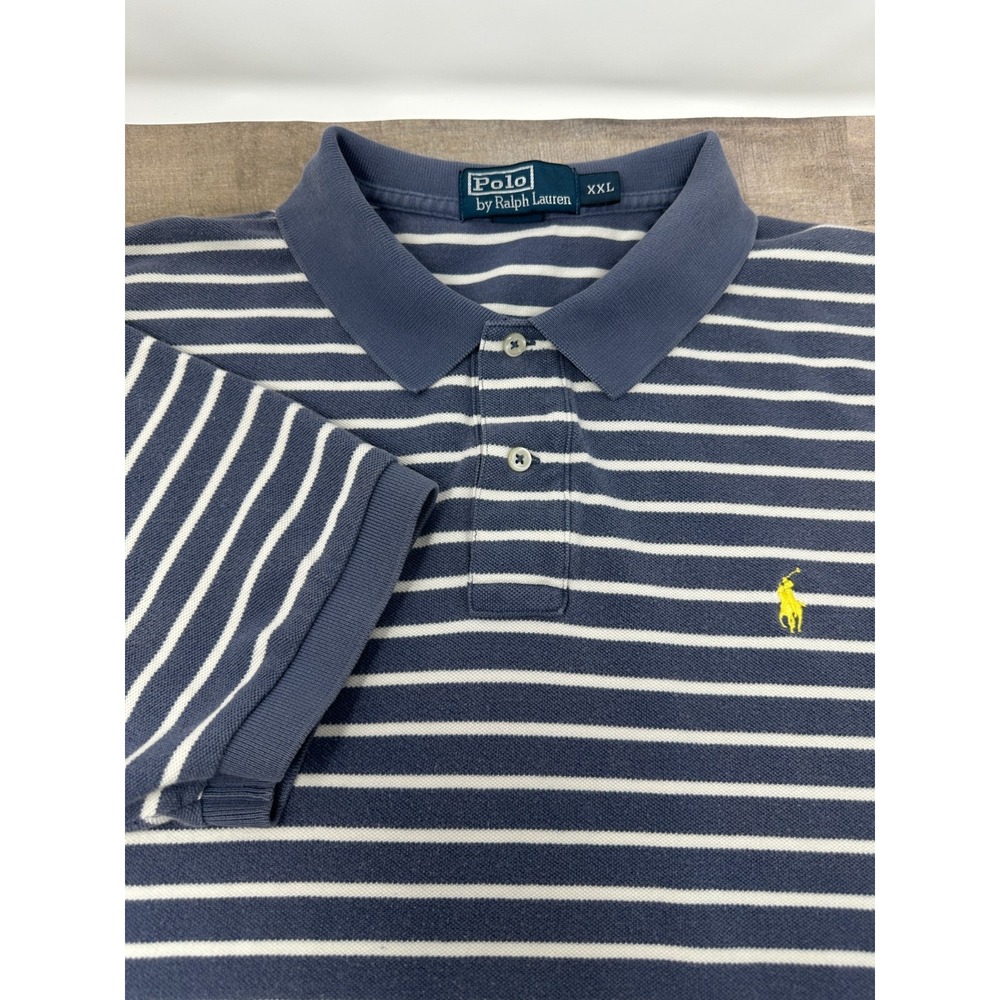 Polo Ralph Lauren Men XXL Blue/Grey Striped Short Sleeve Polo Yellow Pony Cotton